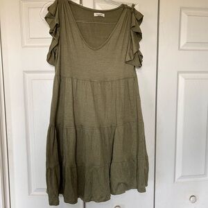 olive green ruffle sleeve dress